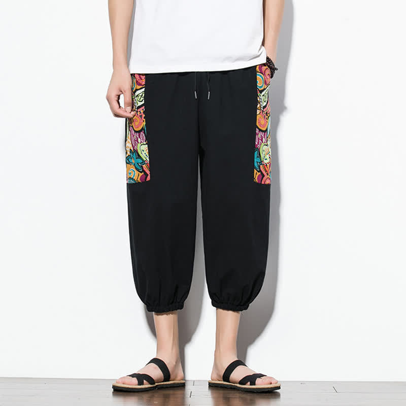 Buddha Stones Letnie, swobodne spodnie capri w stylu boho ze ściągaczem i abstrakcyjnymi motywami, męskie spodnie haremowe z kieszenią - Czarny - US/UK/AU46, EU56 (5XL) - image 13