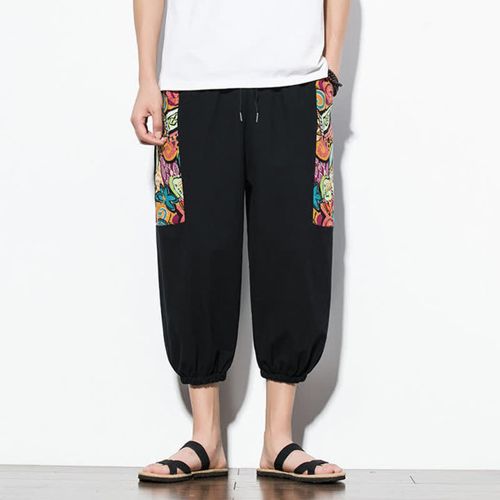 Buddha Stones Letnie, swobodne spodnie capri w stylu boho ze ściągaczem i abstrakcyjnymi motywami, męskie spodnie haremowe z kieszenią - Czarny - US/UK/AU46, EU56 (5XL) - image 13