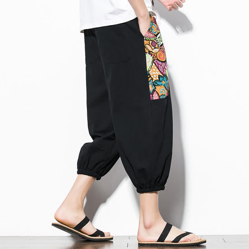 Buddha Stones Letnie, swobodne spodnie capri w stylu boho ze ściągaczem i abstrakcyjnymi motywami, męskie spodnie haremowe z kieszenią - image 17