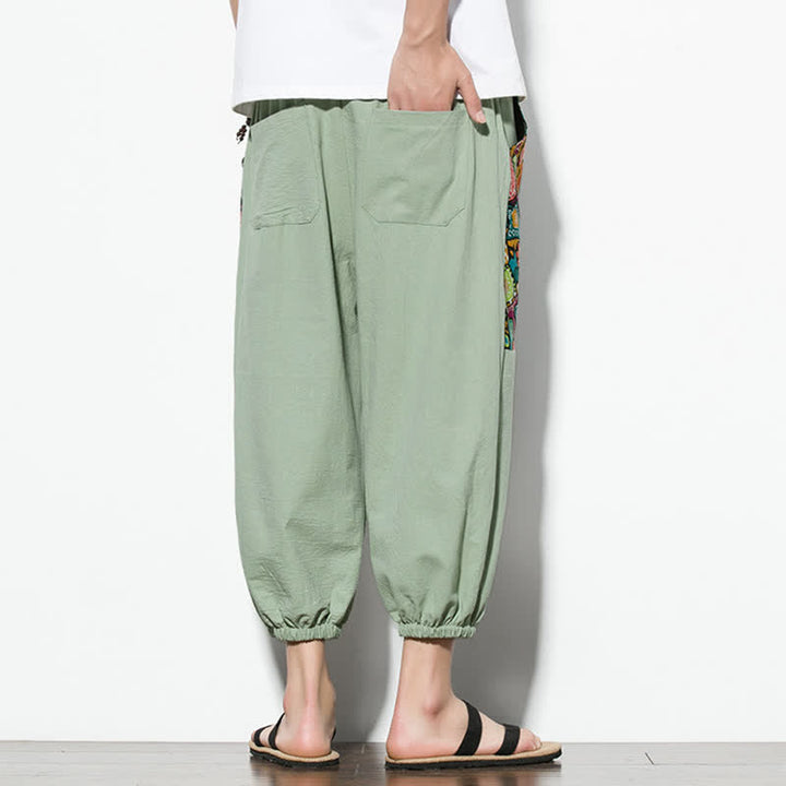 Buddha Stones Letnie, swobodne spodnie capri w stylu boho ze ściągaczem i abstrakcyjnymi motywami, męskie spodnie haremowe z kieszenią - image 26