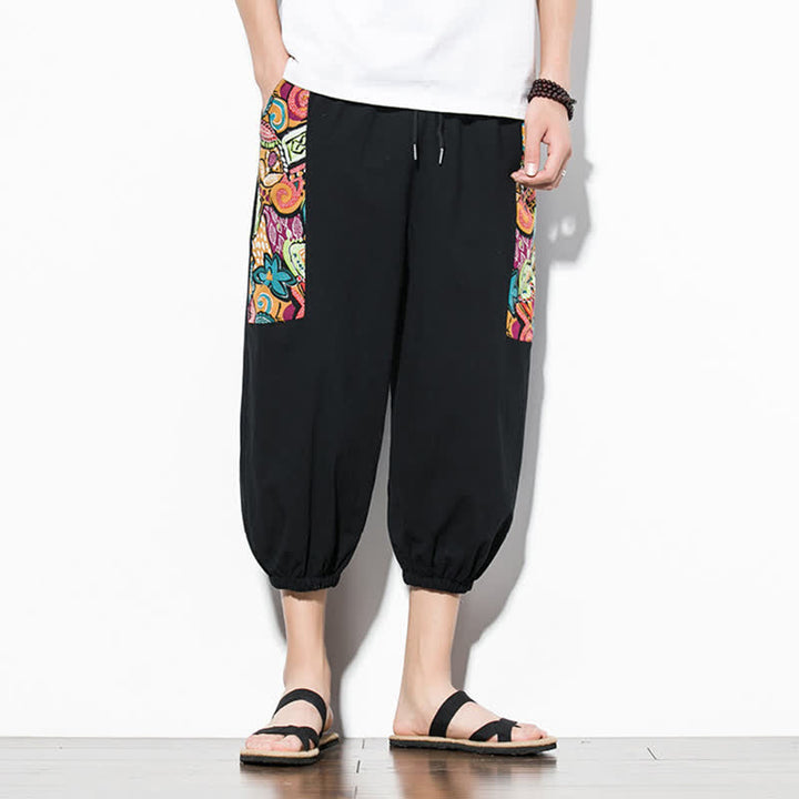 Buddha Stones Letnie, swobodne spodnie capri w stylu boho ze ściągaczem i abstrakcyjnymi motywami, męskie spodnie haremowe z kieszenią - image 19