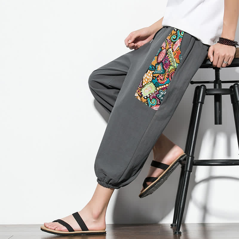 Buddha Stones Letnie, swobodne spodnie capri w stylu boho ze ściągaczem i abstrakcyjnymi motywami, męskie spodnie haremowe z kieszenią - image 8