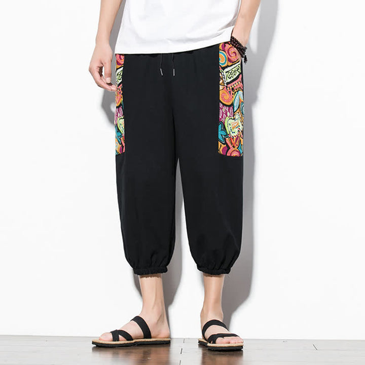 Buddha Stones Letnie, swobodne spodnie capri w stylu boho ze ściągaczem i abstrakcyjnymi motywami, męskie spodnie haremowe z kieszenią - image 20
