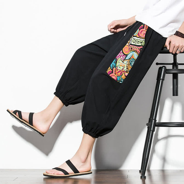 Buddha Stones Letnie, swobodne spodnie capri w stylu boho ze ściągaczem i abstrakcyjnymi motywami, męskie spodnie haremowe z kieszenią - image 21