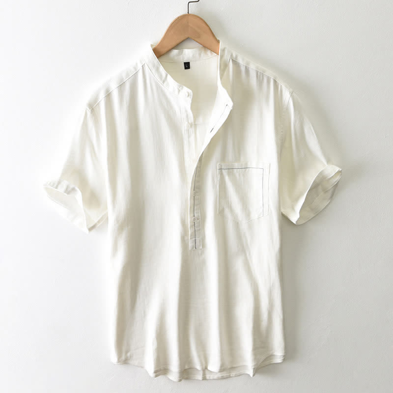 Buddha Stones Letnia, swobodna męska koszula w stylu Tang z kołnierzykiem stójkowym i guzikami, z krótkim rękawem i kieszenią - AntiqueWhite - US/UK/AU42, EU52 (3XL) - image 0