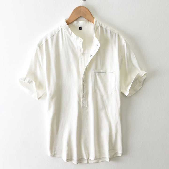 Buddha Stones Letnia, swobodna męska koszula w stylu Tang z kołnierzykiem stójkowym i guzikami, z krótkim rękawem i kieszenią - AntiqueWhite - US/UK/AU42, EU52 (3XL) - image 0