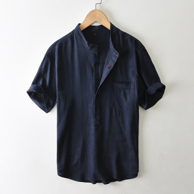 Buddha Stones Letnia, swobodna męska koszula w stylu Tang z kołnierzykiem stójkowym i guzikami, z krótkim rękawem i kieszenią - MidnightBlue - US/UK/AU42, EU52 (3XL) - image 15