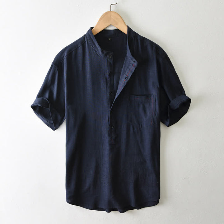 Buddha Stones Letnia, swobodna męska koszula w stylu Tang z kołnierzykiem stójkowym i guzikami, z krótkim rękawem i kieszenią - MidnightBlue - US/UK/AU42, EU52 (3XL) - image 15