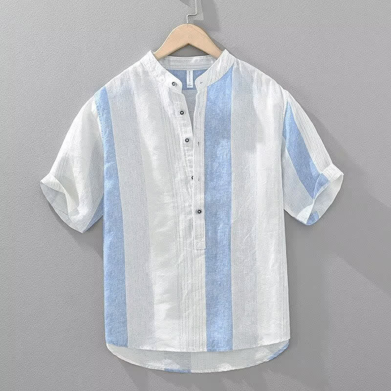 Buddha Stones Koszule męskie w paski z krótkim rękawem w stylu Tang, letnie, swobodne, z kołnierzykiem stójkowym - PowderBlue - US/UK/AU42, EU52 (3XL) - image 1