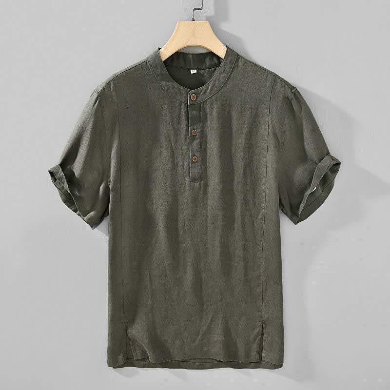 Buddha Stones Letnie koszule męskie w stylu Tang, z kołnierzykiem stójkowym, zapinane na guziki, z krótkim rękawem - DarkOliveGreen - US/UK/AU44, EU54 (4XL) - image 8