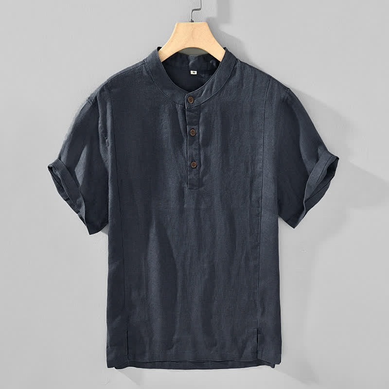 Buddha Stones Letnie koszule męskie w stylu Tang, z kołnierzykiem stójkowym, zapinane na guziki, z krótkim rękawem - DimGray - US/UK/AU44, EU54 (4XL) - image 0
