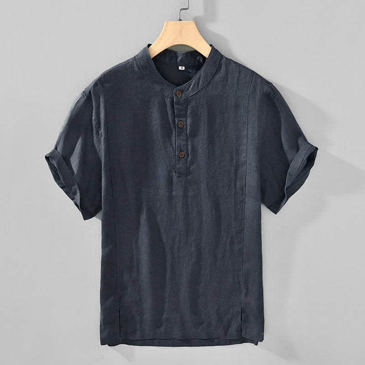 Buddha Stones Letnie koszule męskie w stylu Tang, z kołnierzykiem stójkowym, zapinane na guziki, z krótkim rękawem - DimGray - US/UK/AU44, EU54 (4XL) - image 0
