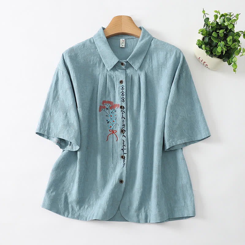 Buddha Stones Letnie, swobodne, vintage'owe koszule damskie z krótkim rękawem, zapinane na guziki, z haftem kwiatowym - CadetBlue - US8-10, UK/AU12-14, EU40-42 (2XL) - image 1
