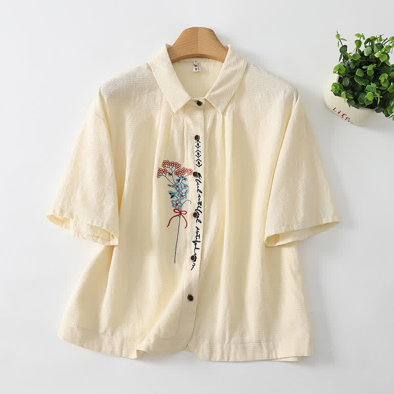 Buddha Stones Letnie, swobodne, vintage'owe koszule damskie z krótkim rękawem, zapinane na guziki, z haftem kwiatowym - AntiqueWhite - US8-10, UK/AU12-14, EU40-42 (2XL) - image 0