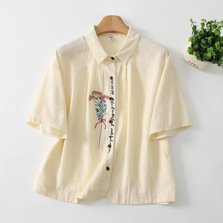 Buddha Stones Letnie, swobodne, vintage'owe koszule damskie z krótkim rękawem, zapinane na guziki, z haftem kwiatowym - AntiqueWhite - US8-10, UK/AU12-14, EU40-42 (2XL) - image 0