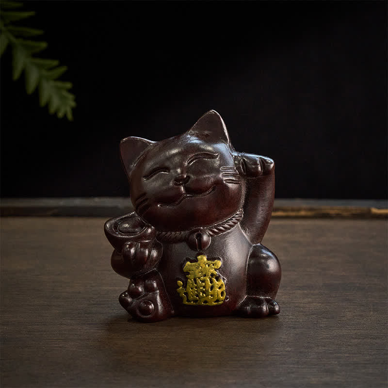 Buddha Stones Przyciągnij bogactwo, szczęśliwy kot, rzeźbiona dekoracja z drewna hebanowego z błogosławieństwem - image 3