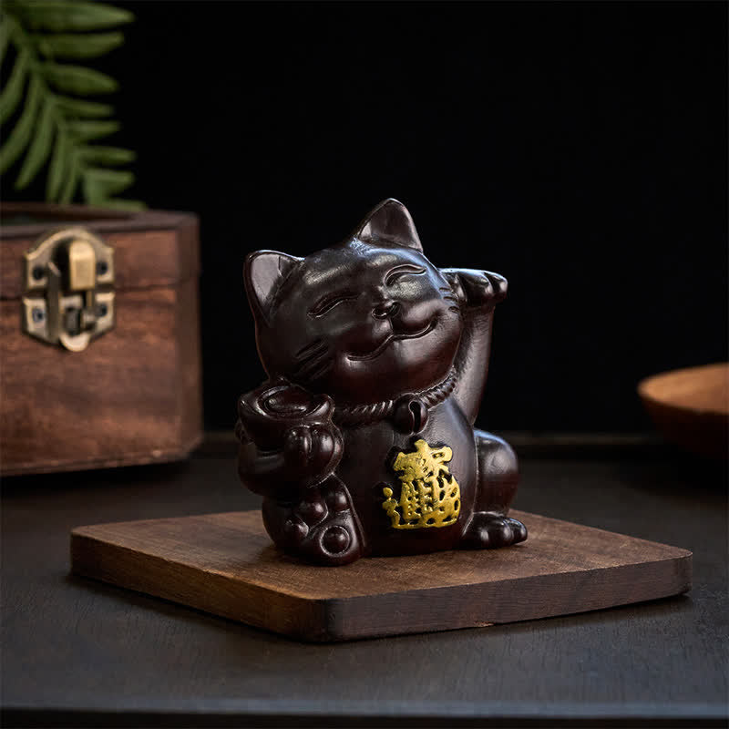 Buddha Stones Przyciągnij bogactwo, szczęśliwy kot, rzeźbiona dekoracja z drewna hebanowego z błogosławieństwem - image 4