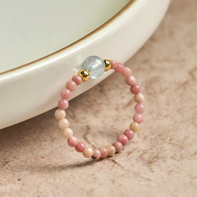 Buddha Stones 2 mm Mini koraliki naturalny rodonit akwamaryn topaz różowy kwarc uzdrawiający elastyczny pierścień - image 1