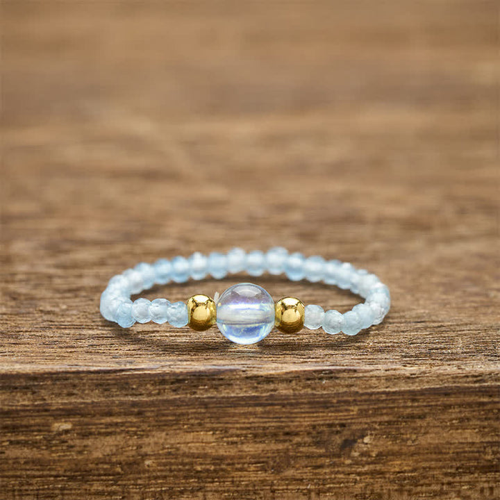 Buddha Stones 2 mm Mini koraliki naturalny rodonit akwamaryn topaz różowy kwarc uzdrawiający elastyczny pierścień - Naturalny akwamaryn (kolor może się różnić) (2 mm + 4 mm) - image 19