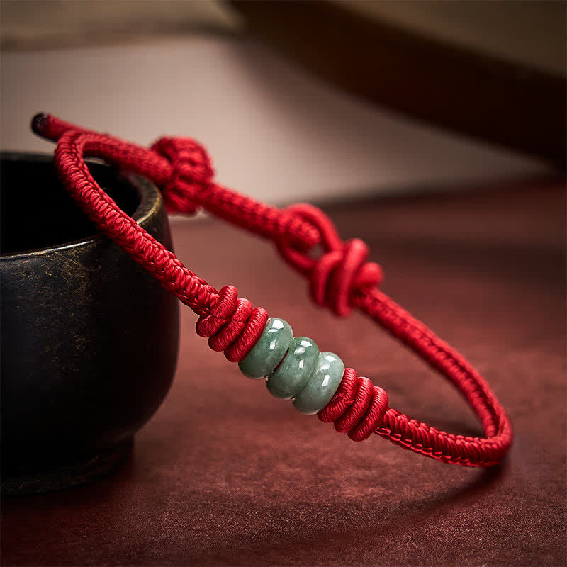 Buddha Stones Ręcznie robiona bransoletka z czerwonego sznurka z jadeitu z suwakiem - image 1