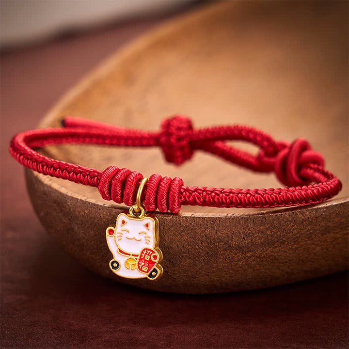 Buddha Stones Ręcznie pleciona bransoletka z czerwonego sznurka z motywem szczęśliwego kota przynoszącego szczęście i postaci Fu - image 2