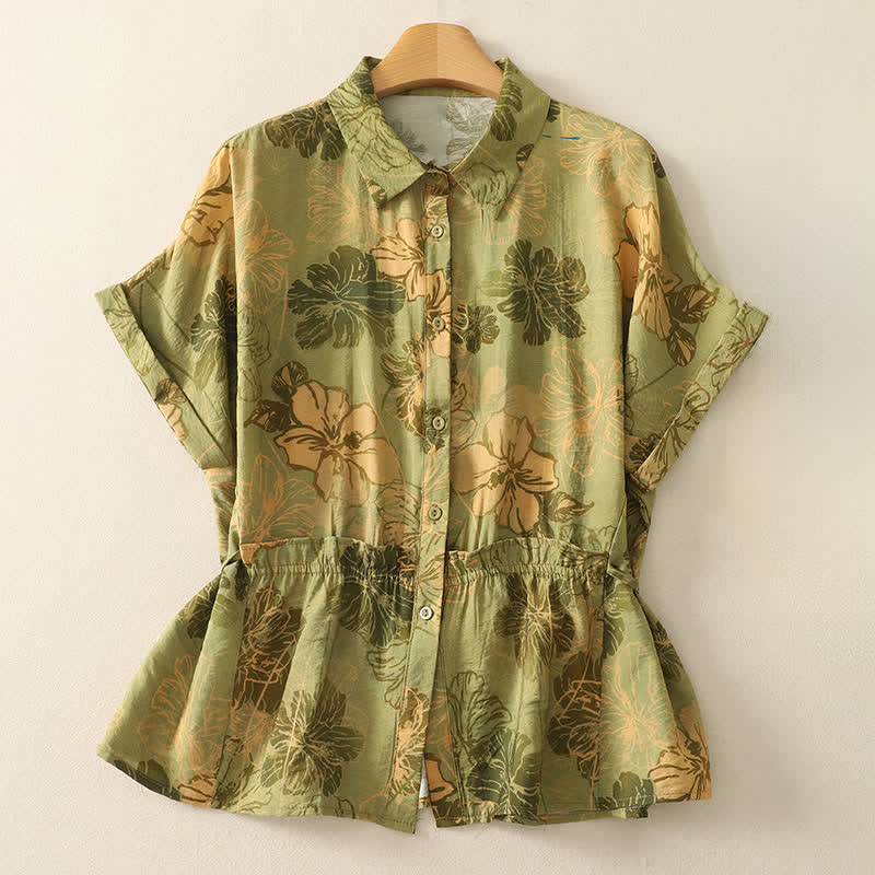 Buddha Stones Letnie koszule damskie z krótkim rękawem w stylu boho, zapinane na guziki i w kwiaty - Żółtozielony - US8-10, UK/AU12-14, EU40-42 (2XL) - image 0