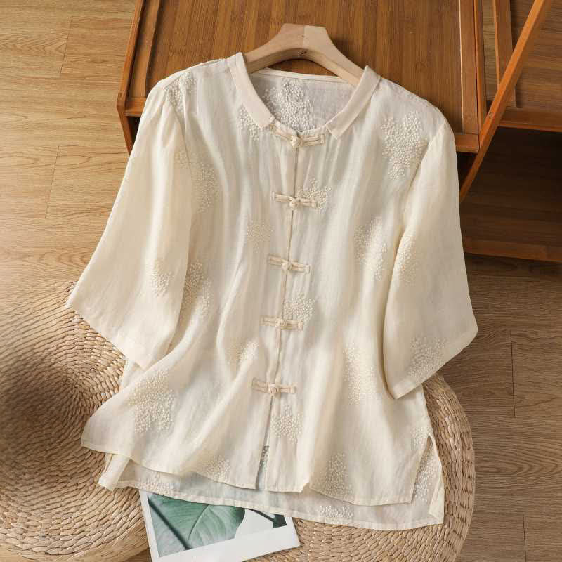 Buddha Stones Letnie koszule damskie z krótkim rękawem w stylu vintage z kołnierzykiem typu stójka i żabką - AntiqueWhite - US8-10, UK/AU12-14, EU40-42 (2XL) - image 6