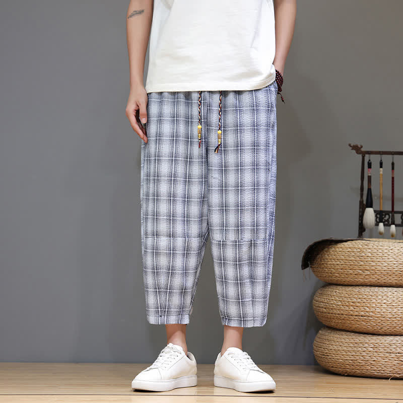 Buddha Stones Letnie, swobodne spodnie capri w kratę, męskie, haremowe, ze ściągaczem i kieszeniami - LightSteelBlue - US/UK/AU46, EU56 (5XL) - image 0