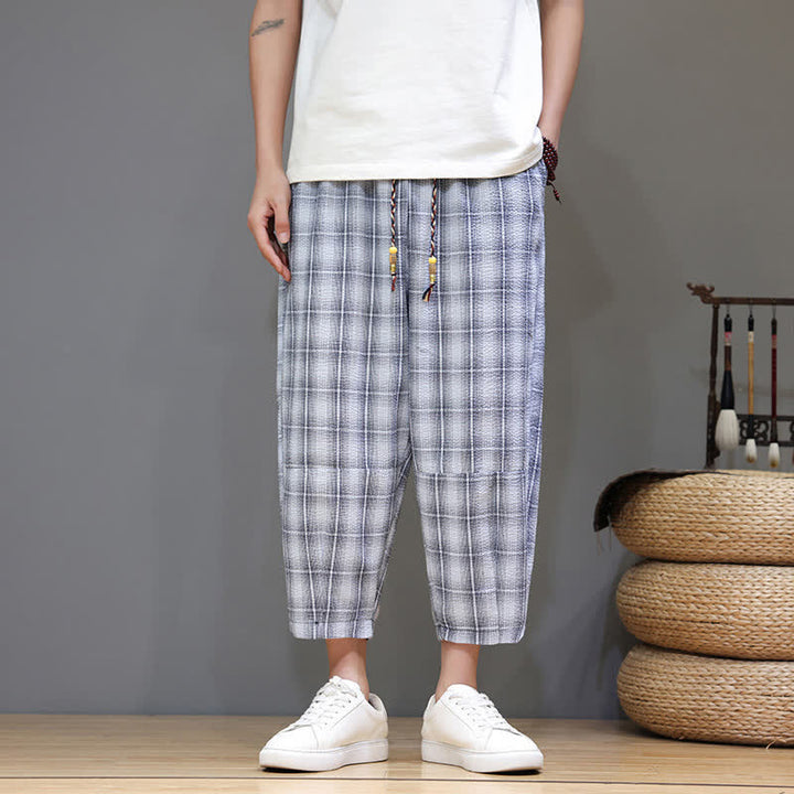 Buddha Stones Letnie, swobodne spodnie capri w kratę, męskie, haremowe, ze ściągaczem i kieszeniami - LightSteelBlue - US/UK/AU46, EU56 (5XL) - image 0
