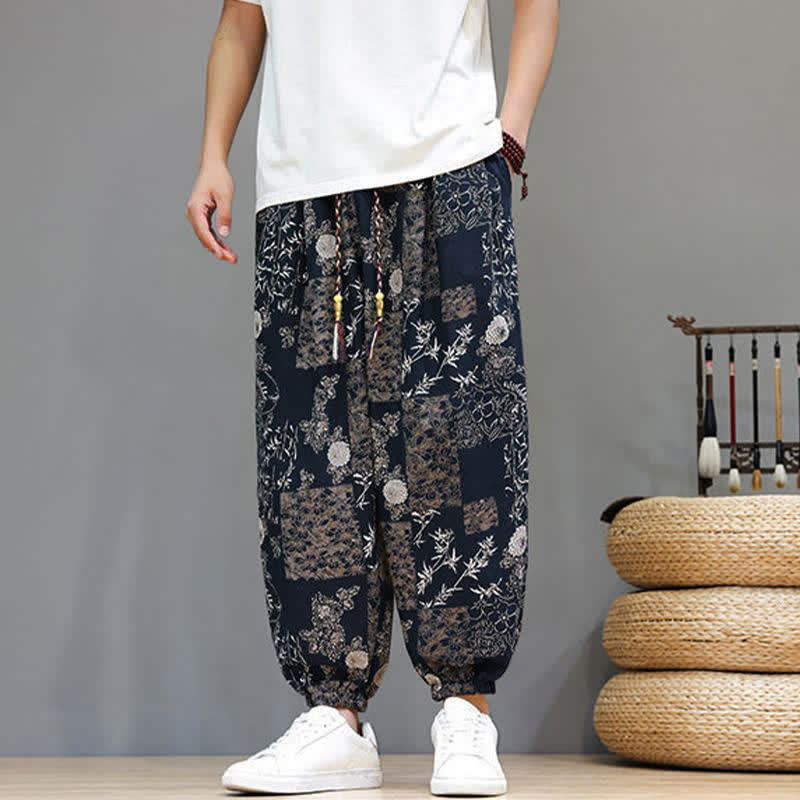 Buddha Stones Letnie, swobodne spodnie w stylu boho ze ściągaczem i geometrycznym wzorem w liście słonia, skrócone, męskie spodnie haremowe z kieszeniami - image 13