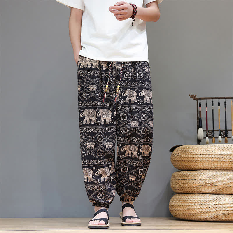 Buddha Stones Letnie, swobodne spodnie w stylu boho ze ściągaczem i geometrycznym wzorem w liście słonia, skrócone, męskie spodnie haremowe z kieszeniami - SaddleBrown - US/UK/AU46, EU56 (5XL) - image 21