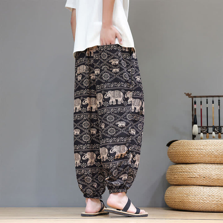 Buddha Stones Letnie, swobodne spodnie w stylu boho ze ściągaczem i geometrycznym wzorem w liście słonia, skrócone, męskie spodnie haremowe z kieszeniami - image 26