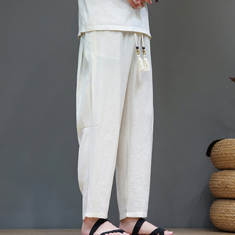 Spodnie męskie z prostymi nogawkami i kieszeniami , Buddha Stones , casualowe, minimalistyczne, ściągane sznurkiem, z kieszeniami - FloralWhite - US/UK/AU46, EU56 (5XL) - image 9