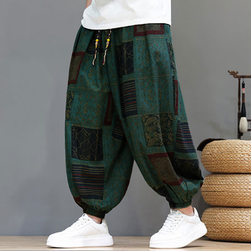 Buddha Stones Letnie, swobodne, boho, ściągane, geometryczne, skrócone spodnie męskie typu harem z kieszenią - CadetBlue - US/UK/AU46, EU56 (5XL) - image 19