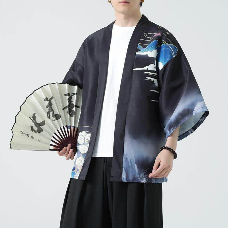 Buddha Stones Letnie, swobodne, vintage'owe kimona męskie z nadrukiem żurawia - Dźwig - US/UK/AU48, EU58 (5XL) - image 0