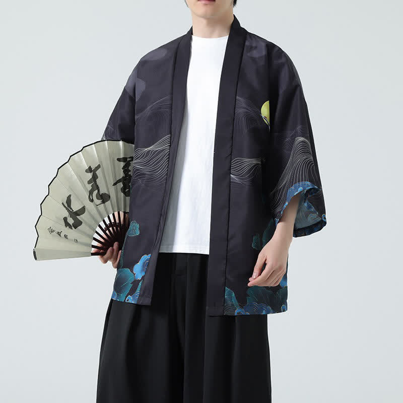 Buddha Stones Letnie, swobodne, vintage'owe kimona męskie z nadrukiem żurawia - Góra - US/UK/AU48, EU58 (5XL) - image 24