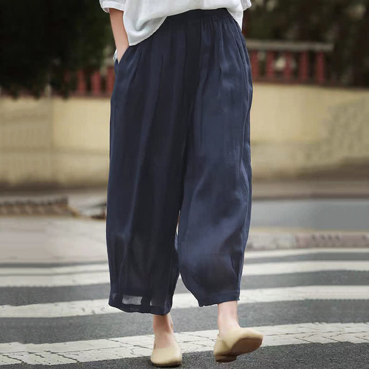 Buddha Stones Letnie, swobodne spodnie capri w stylu boho ze ściągaczem i kieszeniami. Szerokie nogawki. - image 15
