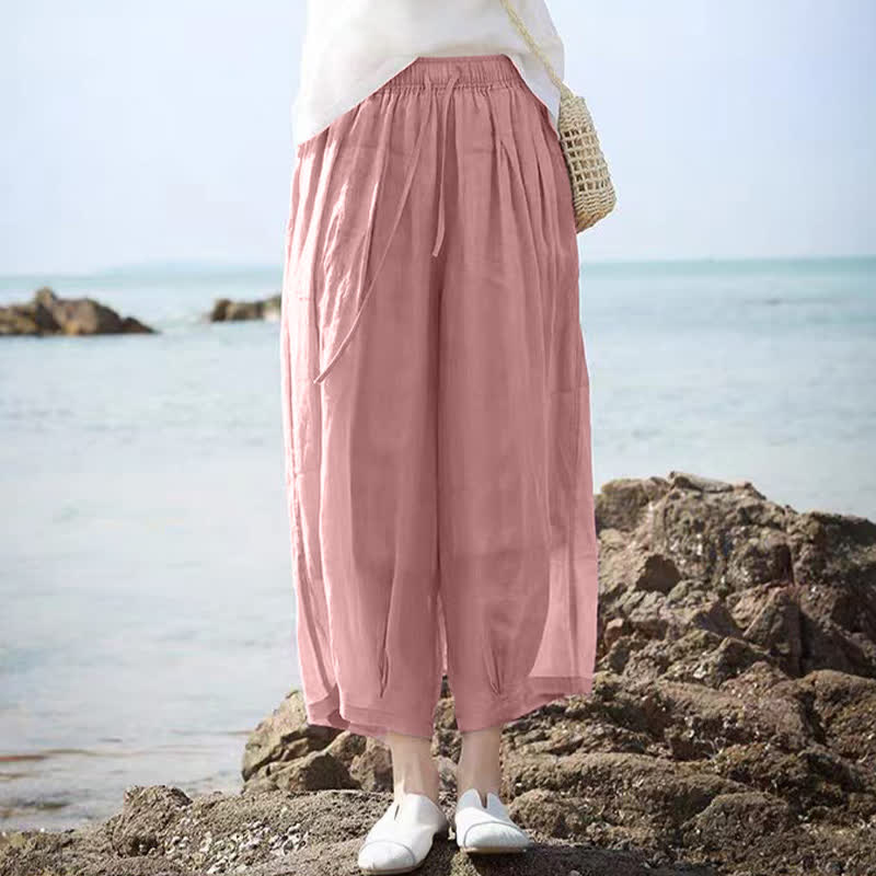 Buddha Stones Letnie, swobodne spodnie capri w stylu boho ze ściągaczem i kieszeniami. Szerokie nogawki. - image 29