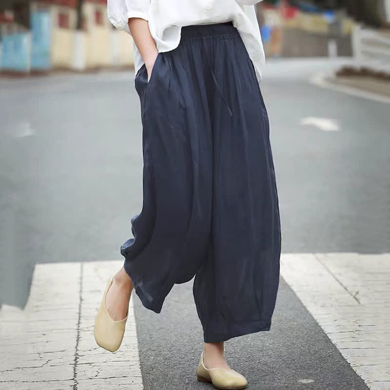 Buddha Stones Letnie, swobodne spodnie capri w stylu boho ze ściągaczem i kieszeniami. Szerokie nogawki. - image 18