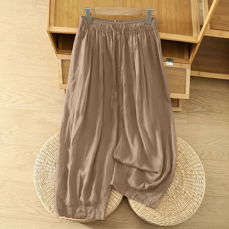 Buddha Stones Letnie, swobodne spodnie capri w stylu boho ze ściągaczem i kieszeniami. Szerokie nogawki. - Dębnik - US8-10, UK/AU12-14, EU40-42 (2XL) - image 0