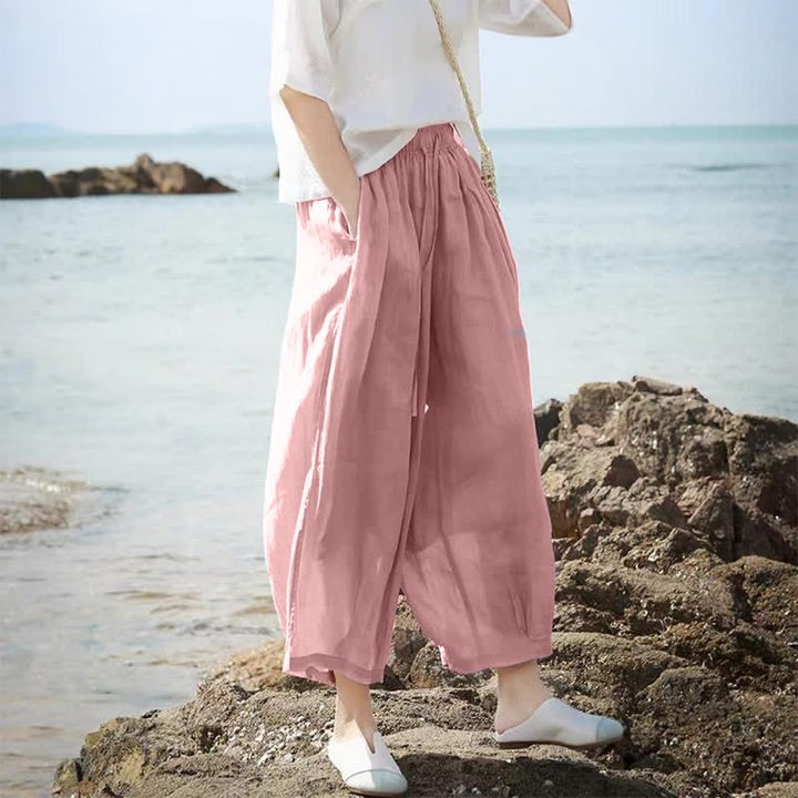 Buddha Stones Letnie, swobodne spodnie capri w stylu boho ze ściągaczem i kieszeniami. Szerokie nogawki. - image 30