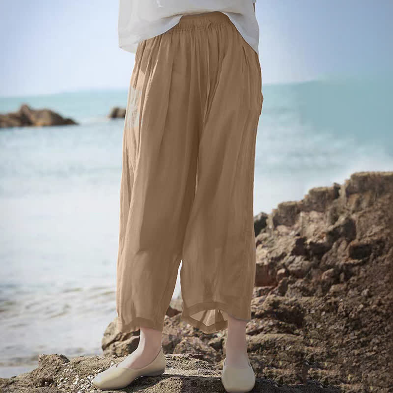 Buddha Stones Letnie, swobodne spodnie capri w stylu boho ze ściągaczem i kieszeniami. Szerokie nogawki. - image 9