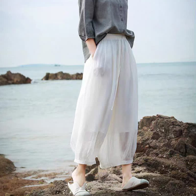 Buddha Stones Letnie, swobodne spodnie capri w stylu boho ze ściągaczem i kieszeniami. Szerokie nogawki. - image 52
