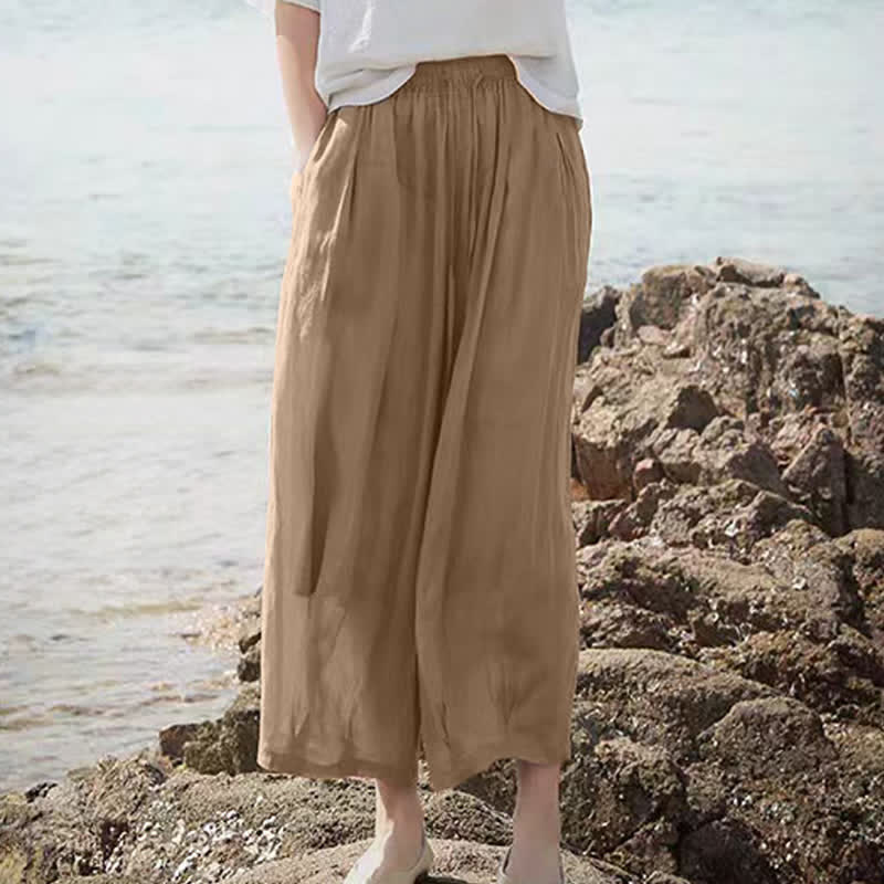 Buddha Stones Letnie, swobodne spodnie capri w stylu boho ze ściągaczem i kieszeniami. Szerokie nogawki. - image 5