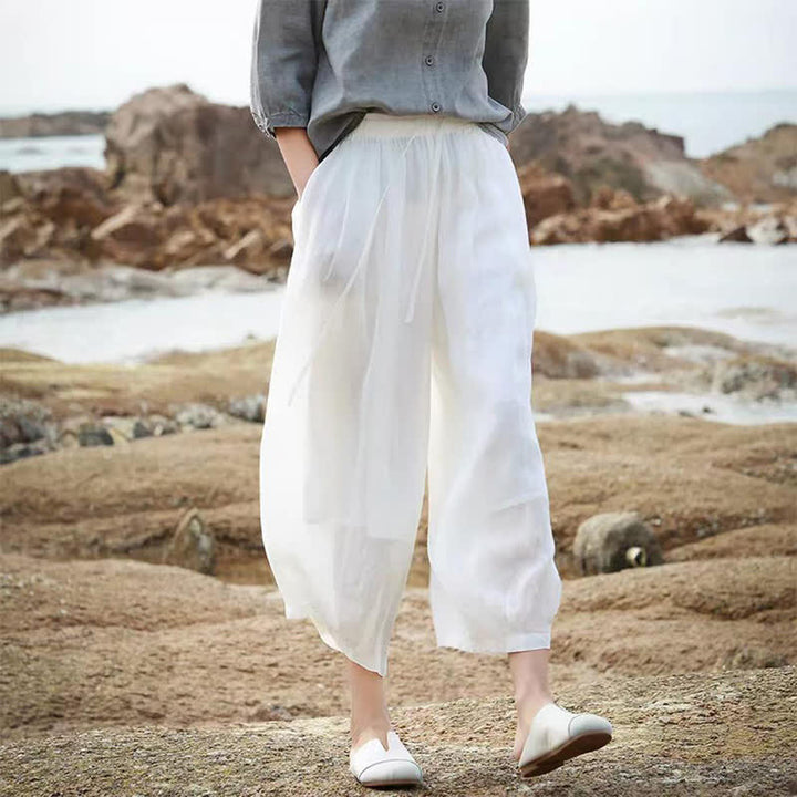 Buddha Stones Letnie, swobodne spodnie capri w stylu boho ze ściągaczem i kieszeniami. Szerokie nogawki. - image 51