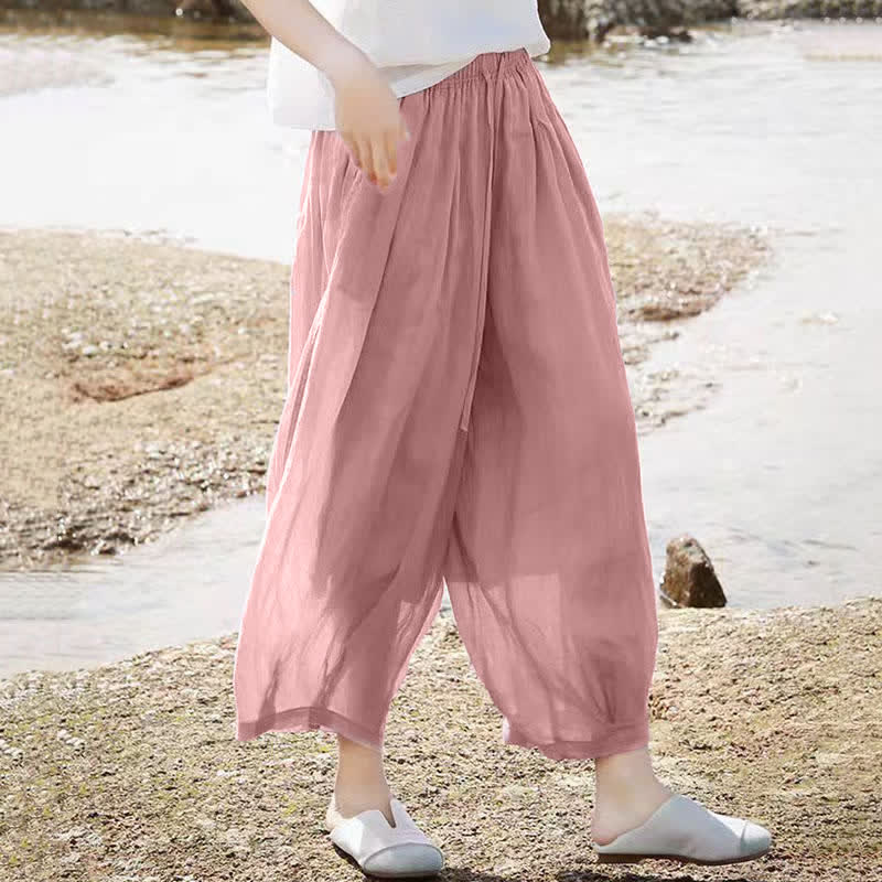 Buddha Stones Letnie, swobodne spodnie capri w stylu boho ze ściągaczem i kieszeniami. Szerokie nogawki. - image 32