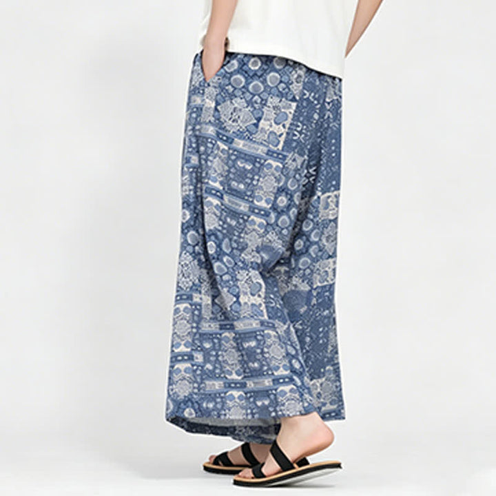 Buddha Stones Letnie, swobodne spodnie capri w stylu boho ze ściągaczem i kwiatowym wzorem, męskie, z szerokimi nogawkami i kieszenią - image 1