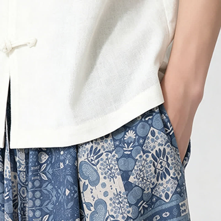 Buddha Stones Letnie, swobodne spodnie capri w stylu boho ze ściągaczem i kwiatowym wzorem, męskie, z szerokimi nogawkami i kieszenią - image 11