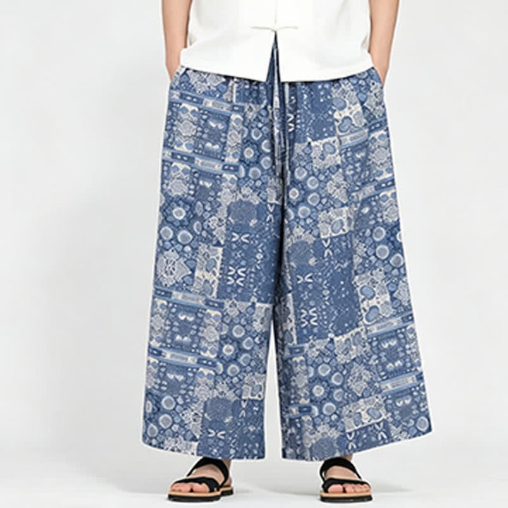 Buddha Stones Letnie, swobodne spodnie capri w stylu boho ze ściągaczem i kwiatowym wzorem, męskie, z szerokimi nogawkami i kieszenią - image 2