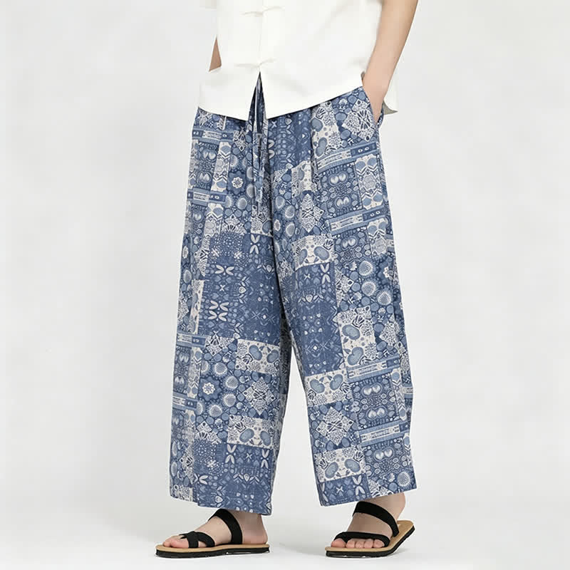 Buddha Stones Letnie, swobodne spodnie capri w stylu boho ze ściągaczem i kwiatowym wzorem, męskie, z szerokimi nogawkami i kieszenią - image 3